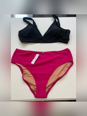 Bikini Set XXL 2X Aerie Black Triangle Padded Top J.Crew Pink Bottom Beach